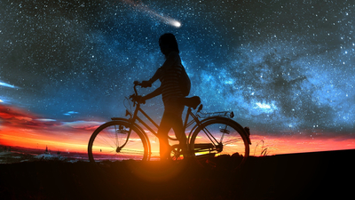 закат, девушка, комета, велосипед