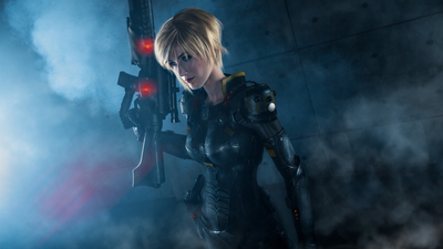 cosplay, soldier, rifle, blue esyes, blonde