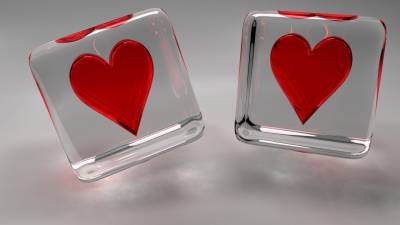 Red hearts in glass cubes