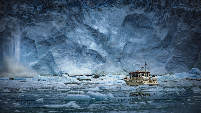 судно, айсберг, водопад, льдина, Гренландия, море
