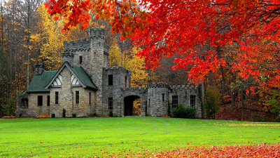 замок, Cleveland, осень, Squire's Castle, лес, США