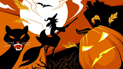 pumpkin, witch, flying broom, spooky, vector art