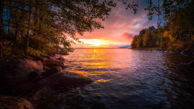 закат, лес, осень, Финляндия, озеро, Finland