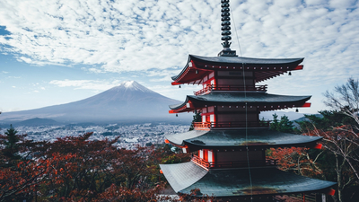 Япония, осень, небо, облака, дом, гора