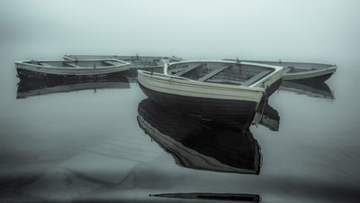 лодка, озеро, туман