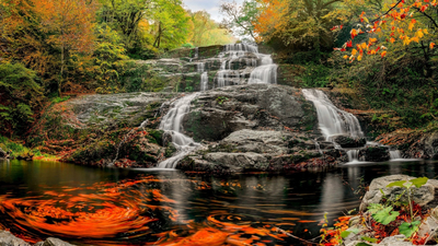 осень, потоки, вода, скала, водопад