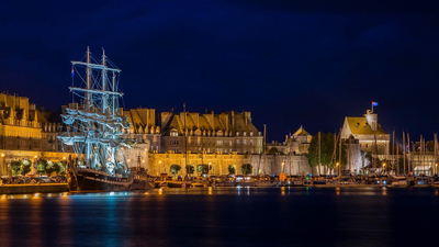 Brittany, Saint-Malo, фонари, ночь, огни, лодки