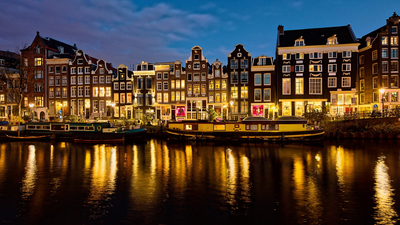 река, фонари, канал, вечер, Нидерланды, Амстердам