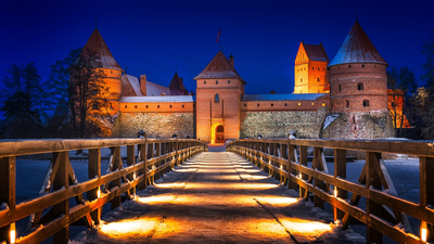 река, ночь, Литва, огни, Trakai Castle, замок