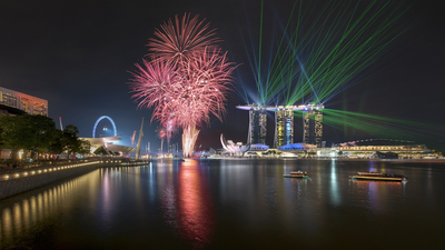 Сингапур, night, огни, fountains, lights, салют