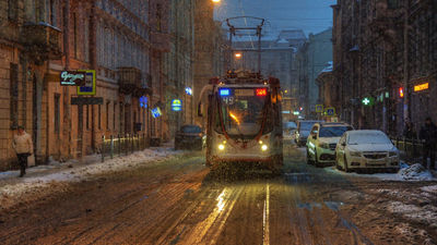Санкт-Петербург, снег, трамвай, улица