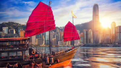 гавань, Hong Kong, здания, China, Китай, джонка