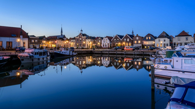 Oude-Tonge, гавань, Нидерланды, дома, огни