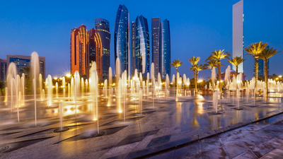 Абу-Даби, фонтан, ОАЭ, дома, небоскреб