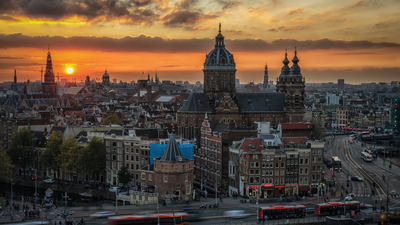 закат, здания, Нидерланды, Амстердам, Netherlands